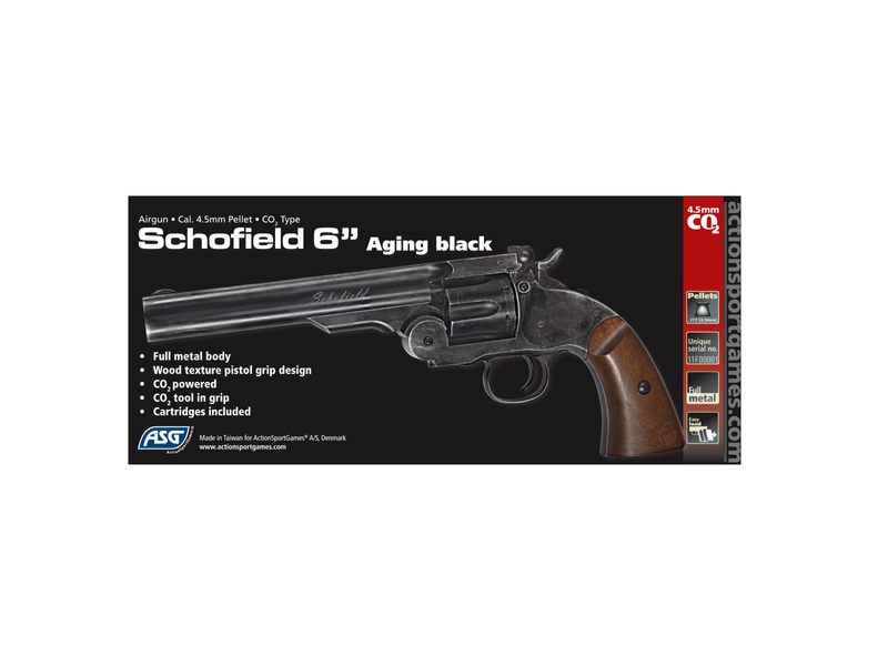 ASG Schofield, 4.5 мм 6" пневматична зброя, CO2, кульки (BB), старіння чорний, дерев&rsquo;яна ручка 18911_ag фото