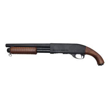 Дробовик S&T M870 Type цельнометаллический тренировочный на пружине для страйкбола &mdash; короткий ствол / чёрный / деревянные накладки 53542_evk фото