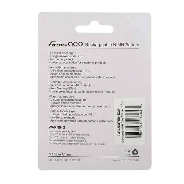 Gens Ace AAA NIMH 750mAh 1.2V аккумулятор (4pcs) для Mini-Z GEANM7501S3A_gs фото
